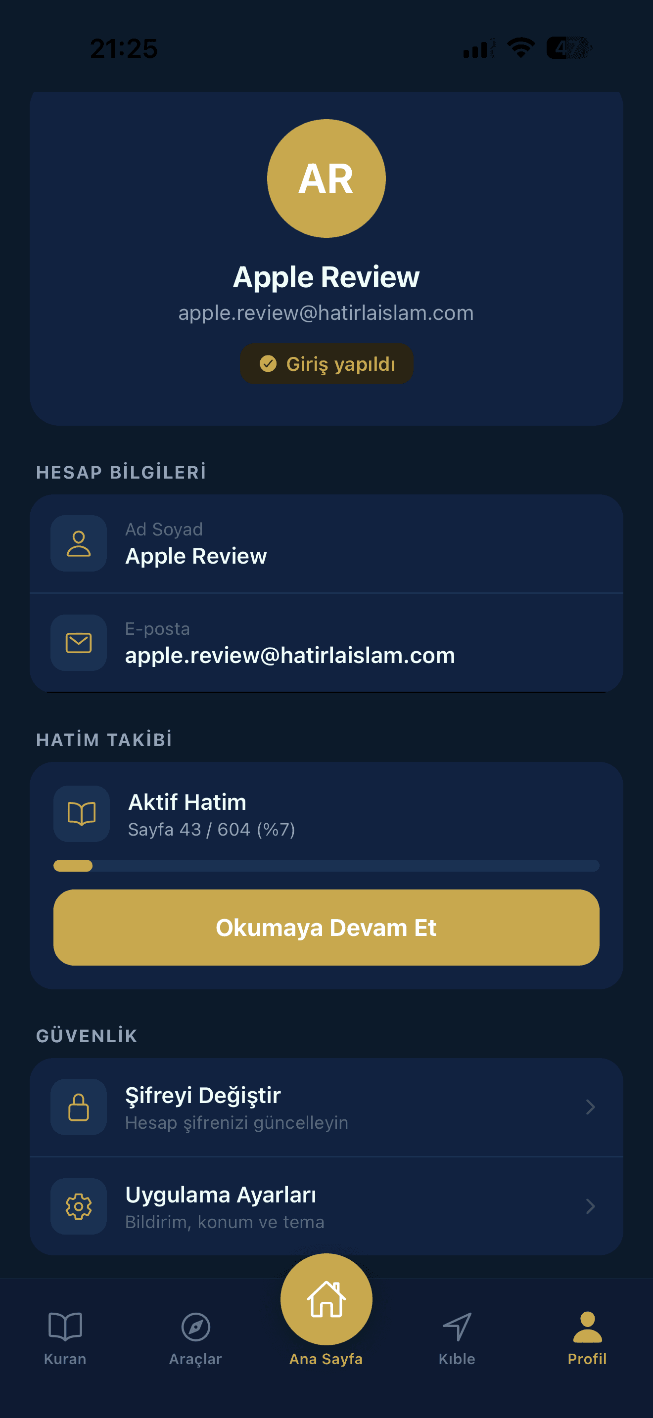 Kullanıcı profili ve ibadet istatistikleri ekranı