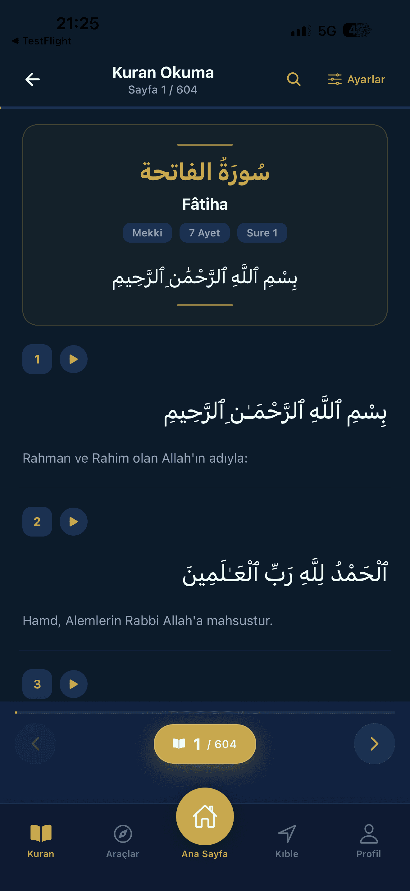 Hatırla İslam uygulamasında Kur'an-ı Kerim Mushaf okuma ekranı